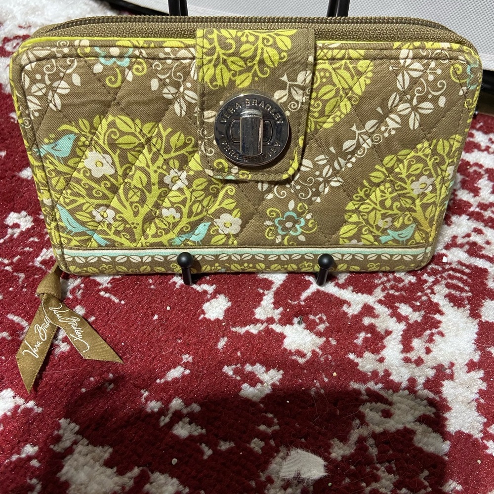 Vera Bradley Long Wallet,  Green and Brown, Twist Lock Close